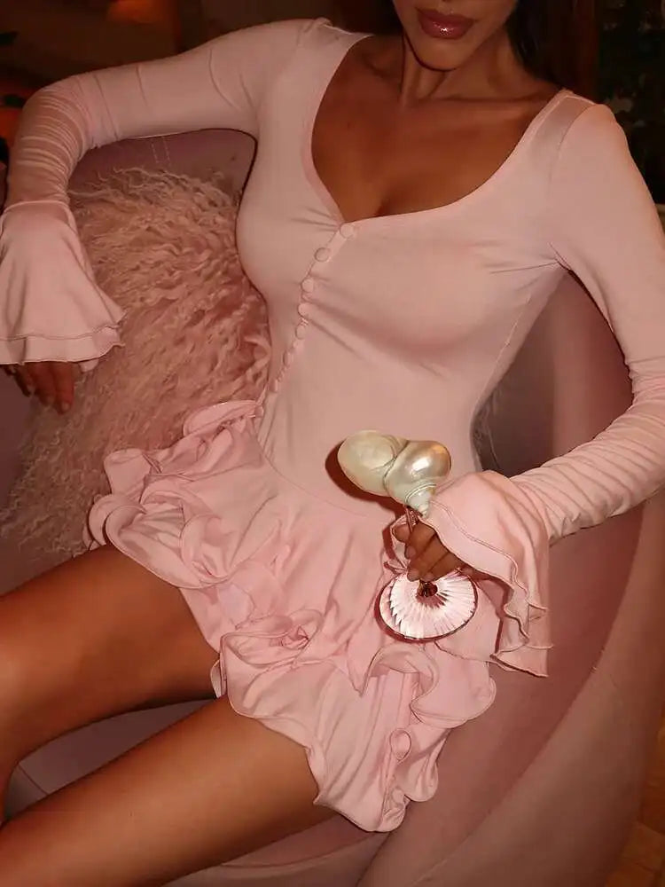 Flare Sleeve V-Neck Mini Dress | Ruffle Detail Club Dress - Women's Irregular Hem A-Line Night Out Dress