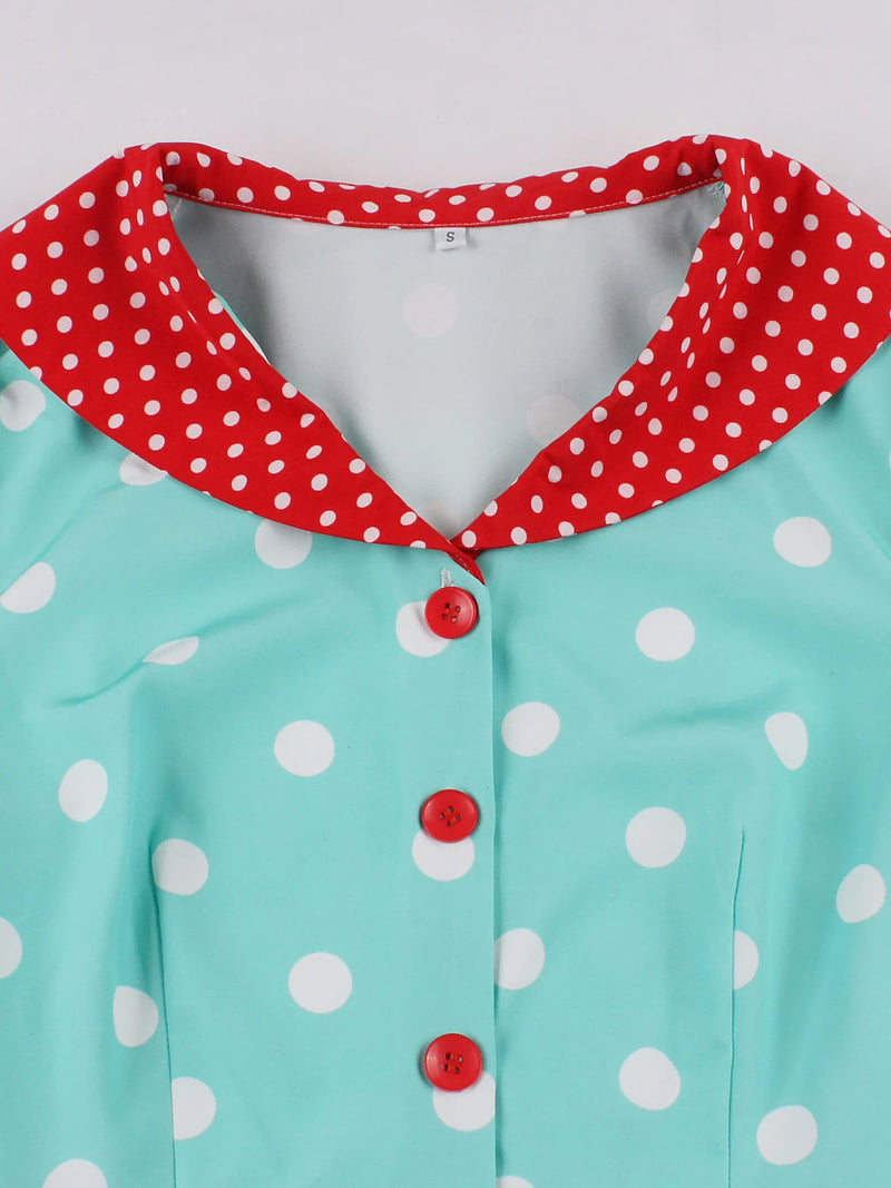 1950s Vintage Polka Dot Dress | Contrast Lapel Midi Dress with Button Front - Women's Retro Summer Party Dress