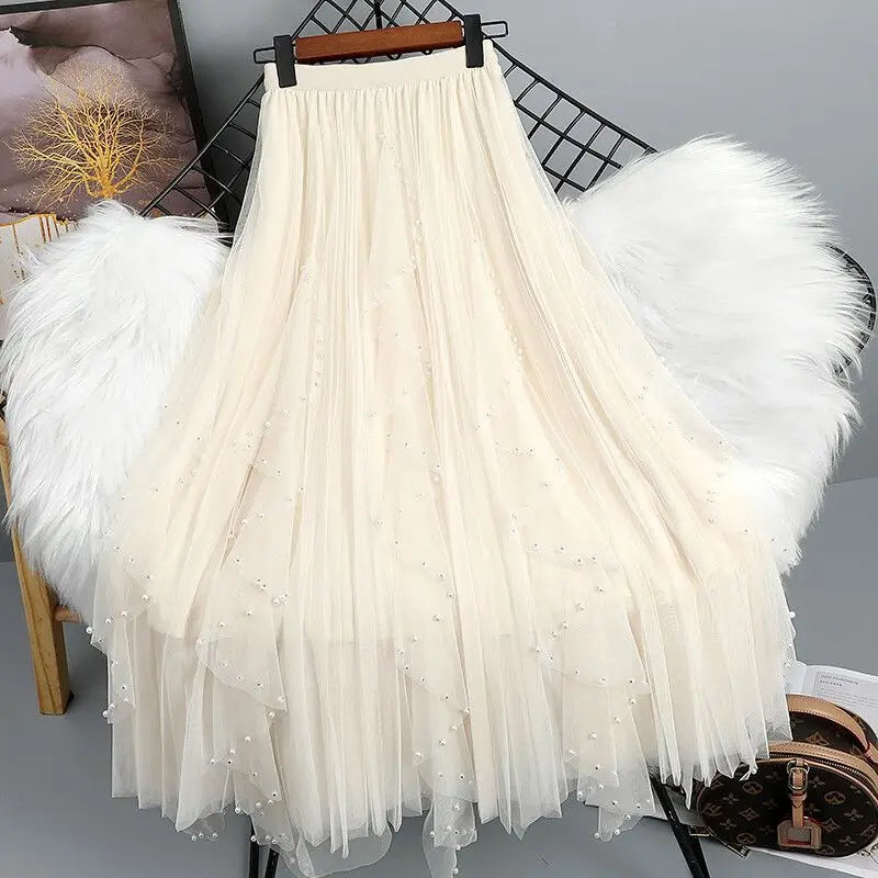 Chamliforve Women's Tulle Fairy Skirt | Empire Waist Ankle-Length Tutu | Beaded A-Line Mesh Skirt (One Size)