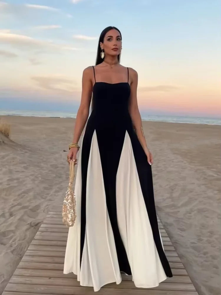 Boho Gauze Maxi Dress | Patchwork Contrast Strap Dress with Backless Design - Women's Empire Waist Party Gown