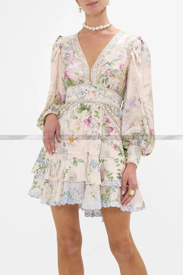 Women's Silk Mini Dress | Vintage V-Neck with Crystal Beads & Floral Print