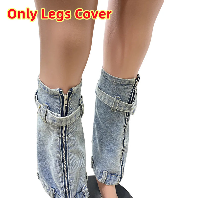 FAGADOER Women's Denim Mini Dress - Long Sleeve Cowboy Style w/ Detachable Leg Garter & Pockets | Blue Western Streetwear