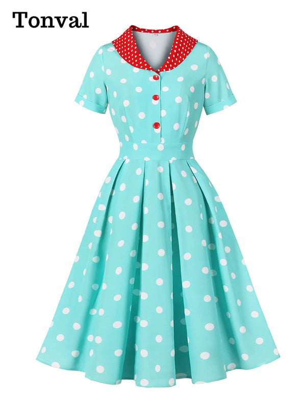 1950s Vintage Polka Dot Dress | Contrast Lapel Midi Dress with Button Front - Women's Retro Summer Party Dress