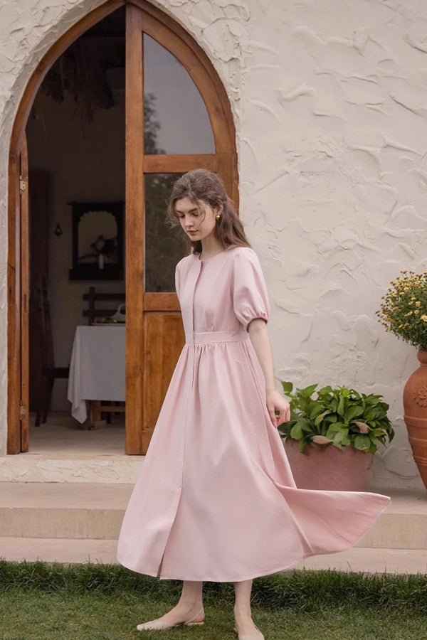 Women's Pleated Puff Sleeve Midi Dress | Office & Summer Casual Dress in Pink