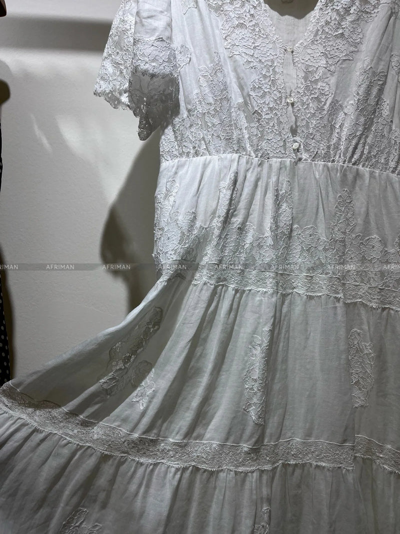 Breathable Ramie Midi Dress | Lace-Embroidered V-Neck Summer Dress - Women's Vintage Hollow Out Lace Dress