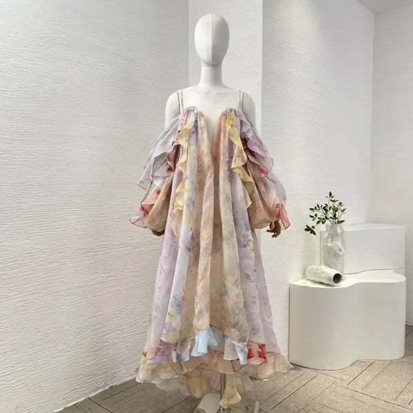 Women's Linen-Silk Maxi Dress | Floral Off-Shoulder Beach Dress with Backless Detail