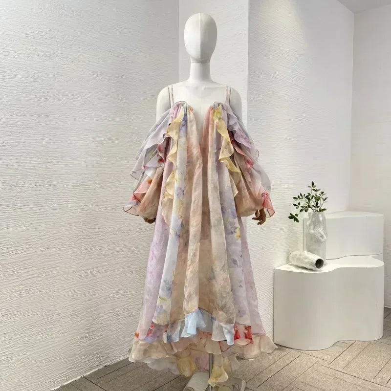 Women's Linen-Silk Maxi Dress | Floral Off-Shoulder Beach Dress with Backless Detail