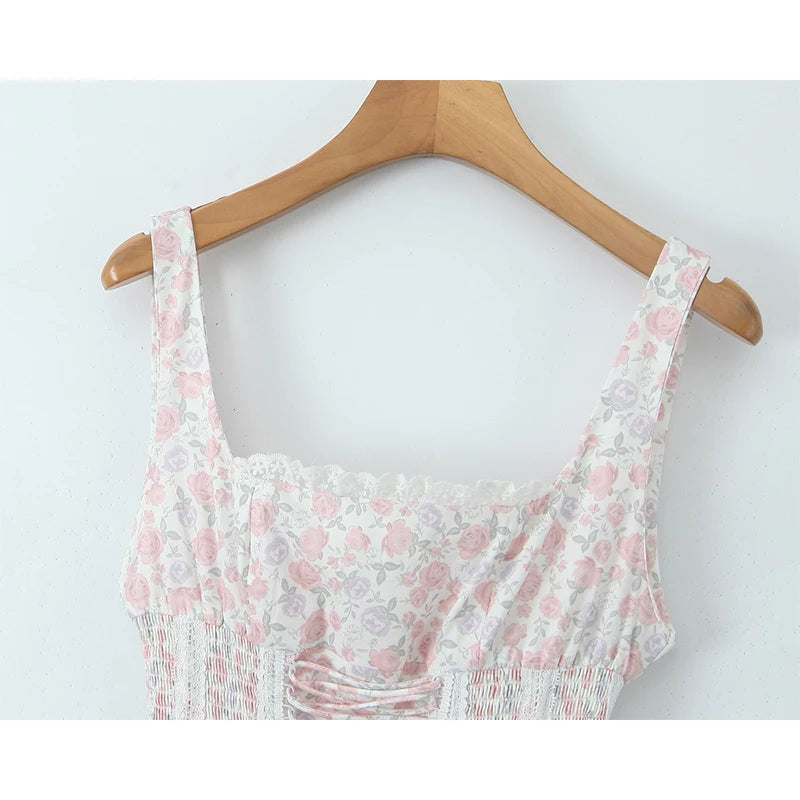YENKYE Women's Floral Lace Mini Dress - Prairie Chic A-Line w/ Bandage Detail & Spaghetti Straps | Summer Holiday Party Wear