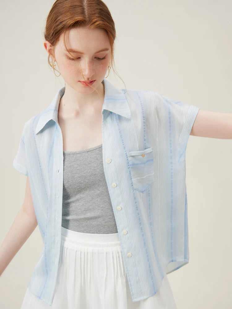 Women’s Summer Raglan Sleeve Striped Polo Blouse – Thin Short-Sleeve, Single-Breasted (3 Colors)