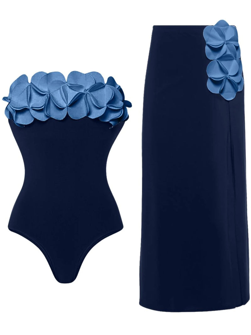 Women’s Floral One-Piece Swimsuit with Beach Skirt – Bandeau Bathing Suit Swimwear Beachwear 2025