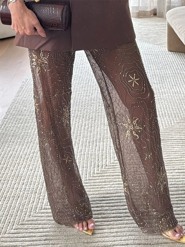 Women's Beaded Sequin Snowflake Pants | Sheer High-Waist Straight Leg Trousers for Summer Vacation Streetwear