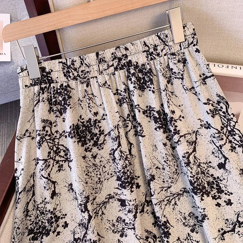 Plus Size Women's Chinese Print A-Line Skirt | Empire Waist Summer Skirt | Adjustable Length Polyester Maxi