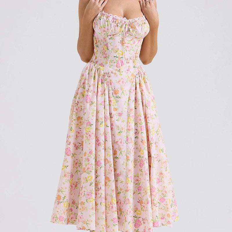 Backless Halter Midi Dress | Floral Lace Trim Dress with Low Waist - Women's Sexy Summer Party Dress