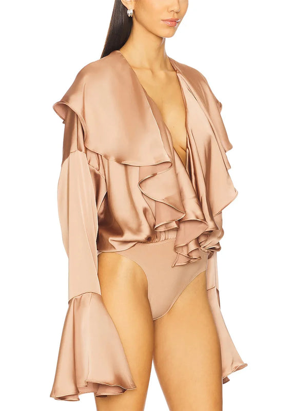 Women's Ruffle V-Neck Bodysuit – Slim Fit Flare Sleeve Solid Color One-Piece Top for Spring Summer Fashion 2025