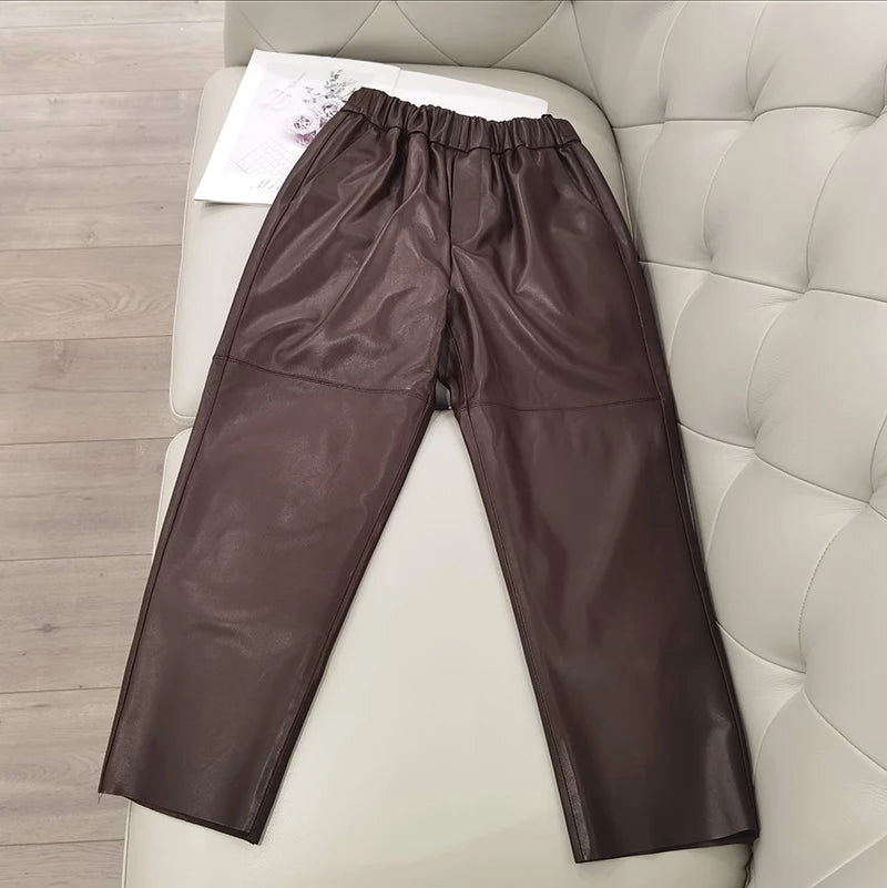 Women's Genuine Sheepskin Harem Pants | High Waist Leather Trousers | Elastic Waist Luxury Streetwear