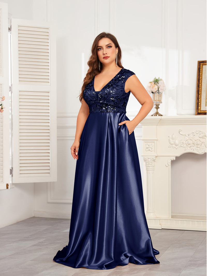Plus Size Navy Blue Sequin Gown | Sleeveless V-Neck Formal Dress with Flared Hem - Women's Wedding & Event Gown
