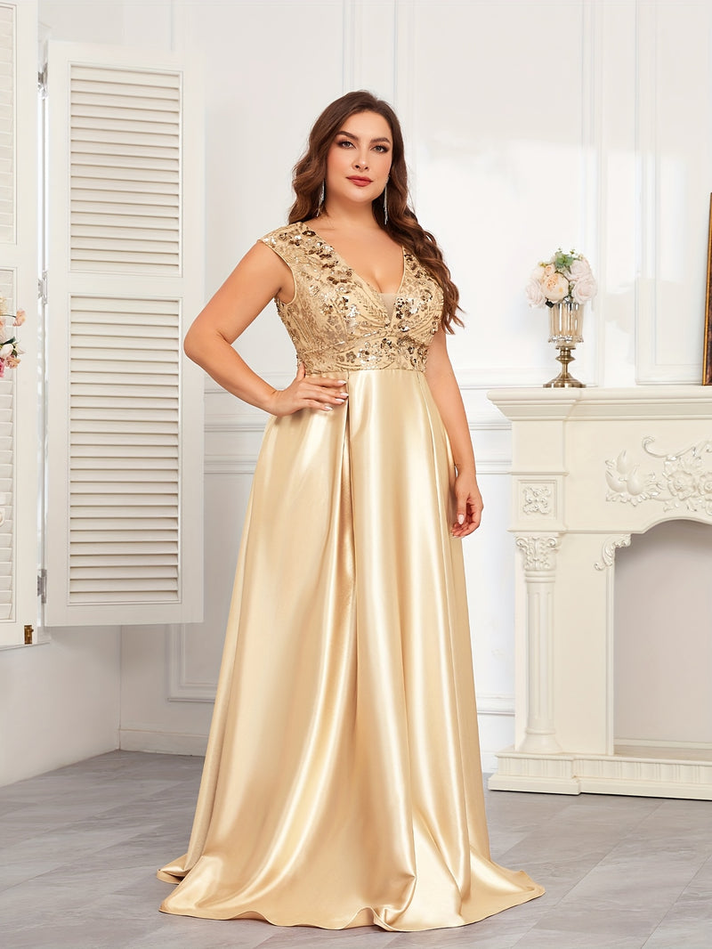 Plus Size Navy Blue Sequin Gown | Sleeveless V-Neck Formal Dress with Flared Hem - Women's Wedding & Event Gown