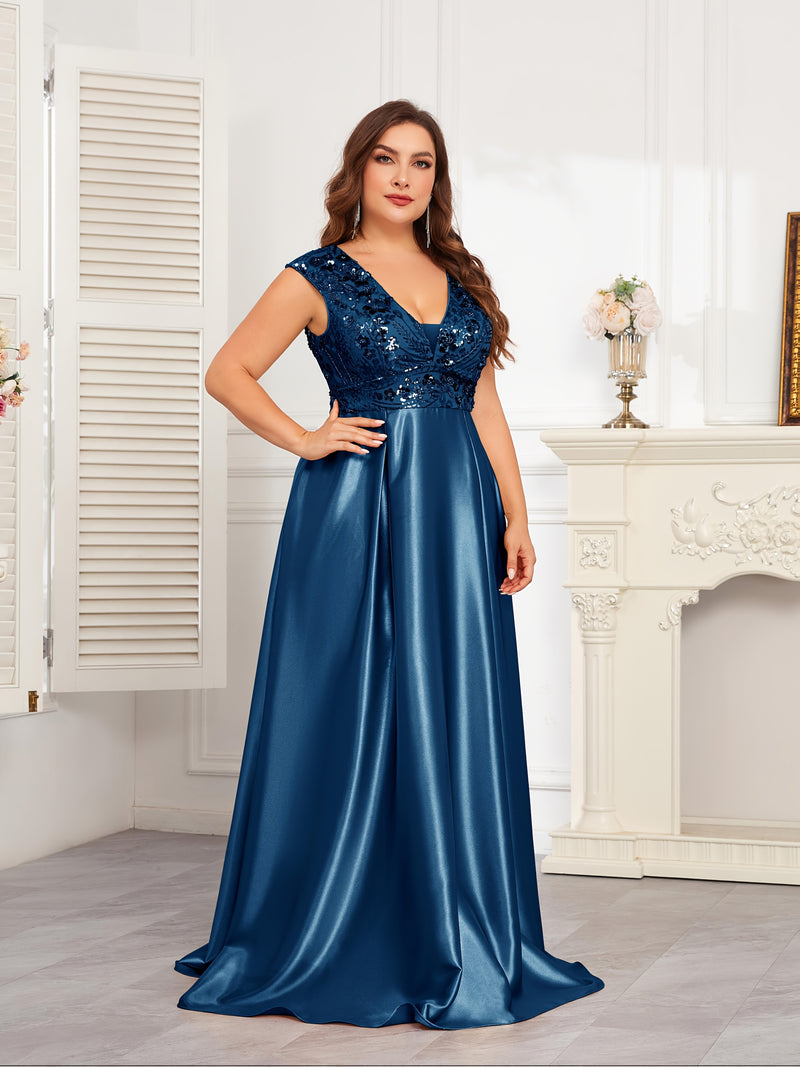 Plus Size Navy Blue Sequin Gown | Sleeveless V-Neck Formal Dress with Flared Hem - Women's Wedding & Event Gown