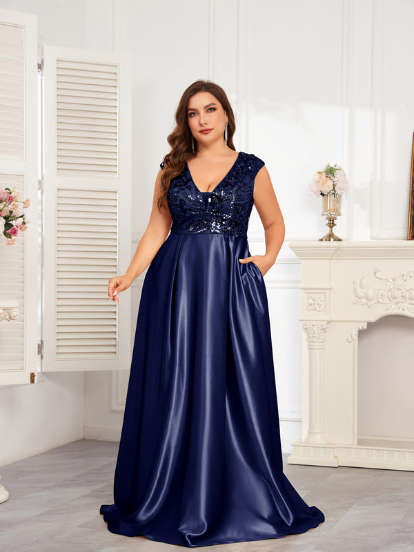 Plus Size Navy Blue Sequin Gown | Sleeveless V-Neck Formal Dress with Flared Hem - Women's Wedding & Event Gown