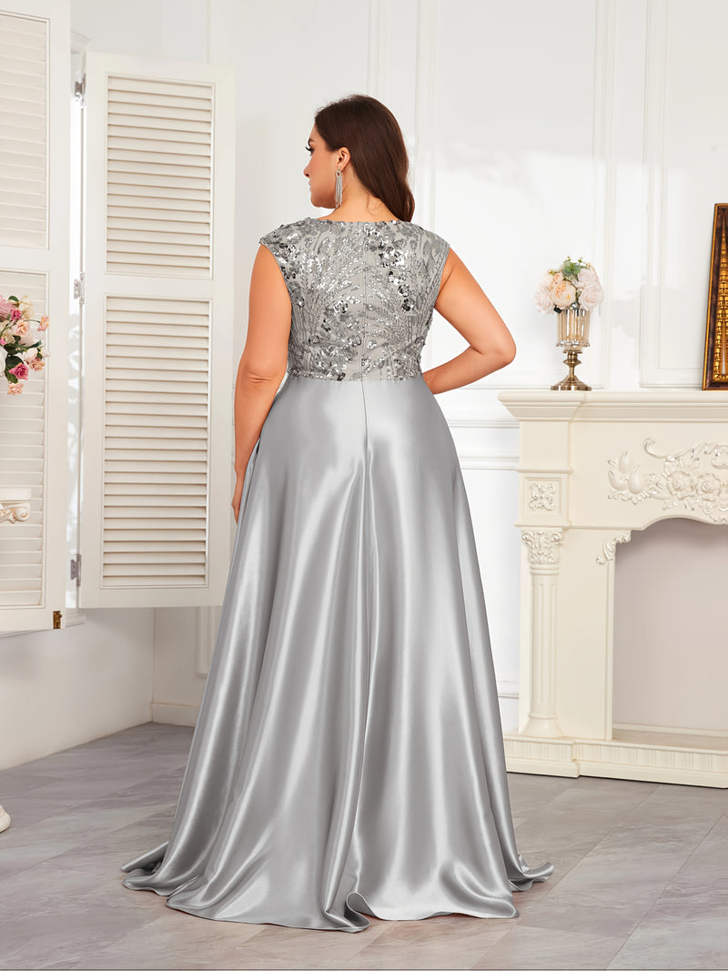 Plus Size Navy Blue Sequin Gown | Sleeveless V-Neck Formal Dress with Flared Hem - Women's Wedding & Event Gown