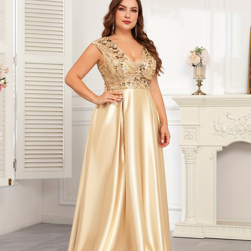 Plus Size Navy Blue Sequin Gown | Sleeveless V-Neck Formal Dress with Flared Hem - Women's Wedding & Event Gown