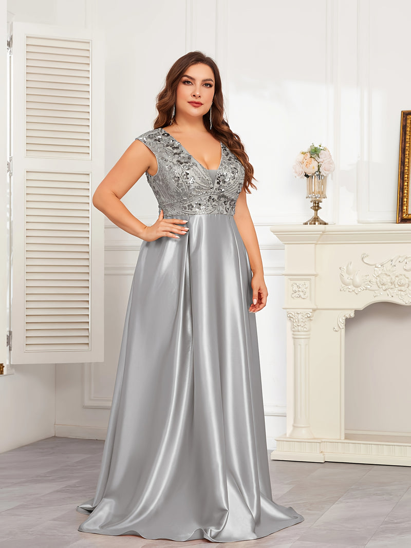 Plus Size Navy Blue Sequin Gown | Sleeveless V-Neck Formal Dress with Flared Hem - Women's Wedding & Event Gown