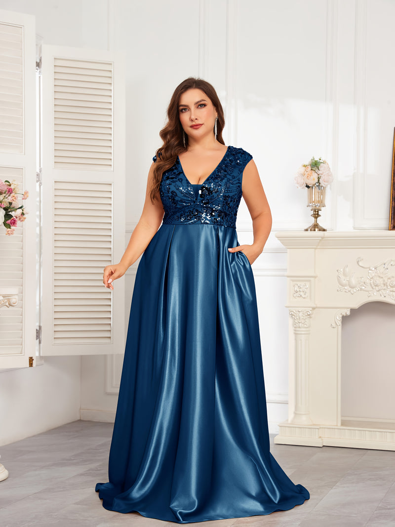 Plus Size Navy Blue Sequin Gown | Sleeveless V-Neck Formal Dress with Flared Hem - Women's Wedding & Event Gown